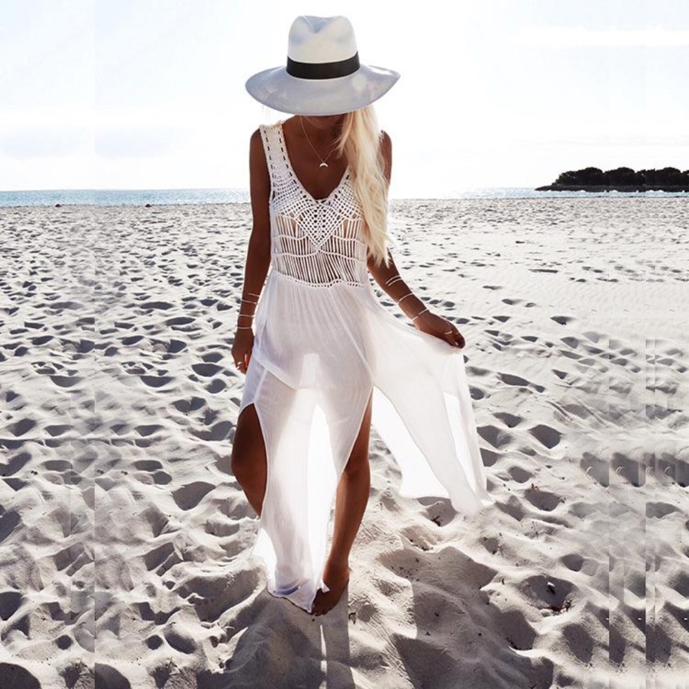White Crochet Bodice Sheer Maxi Swim Coverup